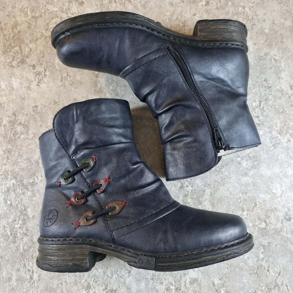 Rieker Navy Leather Moto Ankle Boots Black Red‎ Comfort Sole Size 38 / 7.5 - 8